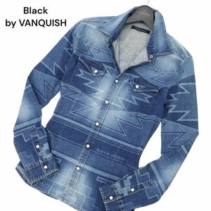 Black by VANQUISH ヴァンキッシュ ロゴ★ チマヨ 総柄 長袖 ストレッチ ウエスタン デニム シャツ Sz.M　メンズ 日本製　C4T02846_3#C