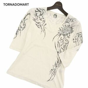 TORNADOMART トルネードマート バラ ローズ フラワー 花柄 刺繍★ Vネック 7分袖 カットソー Tシャツ Sz.S位　メンズ 白　C4T02855_3#D