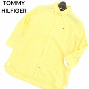 TOMMY HILFIGER トミーヒルフィガー 春夏 麻 リネン★ ロゴ刺繍 7分袖 ボタンダウン シャツ Sz.XL　メンズ 大きいサイズ　C4T02644_3#A