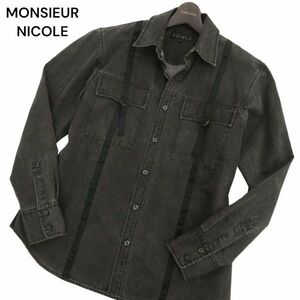 MONSIEUR NICOLE ムッシュ ニコル 通年 USED加工★ テープ ベルト デザイン 長袖 ワーク デニム シャツ Sz.46　メンズ　C4T02858_3#C