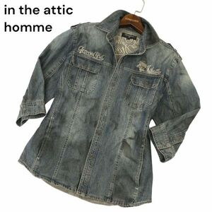 in the attic homme インジアティック オム スカル刺繍★ USED&汚し加工 7分袖 ミリタリー デニム シャツ Sz.LL　メンズ　C4T03092_4#A