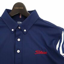 Titleist タイトリスト 春夏 ロゴ刺繍★ ストライプ 切替 半袖 ストレッチ ボタンダウン ポロシャツ Sz.L　メンズ 紺 ゴルフ　C4T03152_4#A_画像2