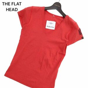 【新品 未使用】 THE FLAT HEAD フラットヘッド 春夏 プリント Vネック 半袖 カットソー Tシャツ Sz.M　メンズ 赤 日本製　C4T03414_4#D
