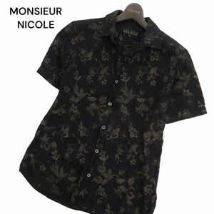 MONSIEUR NICOLEmshu Nicole spring summer short sleeves [ floral print flower total pattern ] lame shirt Sz.48 men's black C4T03568_4#A