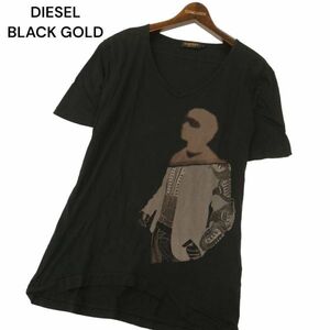 DIESEL BLACK GOLD 春夏 プリント★ Vネック 半袖 カットソー Tシャツ Sz.M　メンズ 黒　C4T03505_4#D