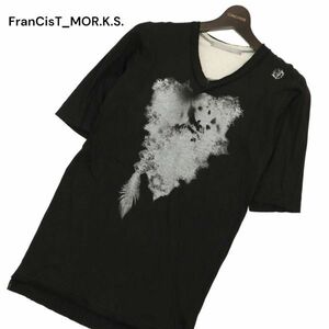 FranCisT_MOR.K.S. フランシストモークス スワロ★ プリント Vネック 半袖 カットソー Tシャツ Sz.1　メンズ 黒 日本製　C4T03661_4#D