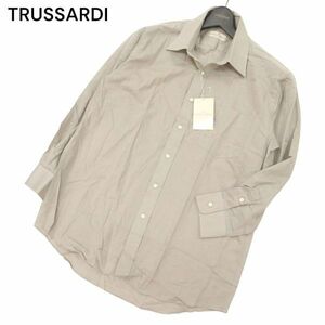 【新品 未使用】 TRUSSARDI トラサルディ 春夏 麻 リネン混 ロゴ刺繍 長袖 シャツ Sz.42-80　メンズ グレージュ 日本製　C4T03637_4#A