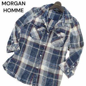 MORGAN HOMME モルガン オム 春夏 7分袖 USED加工★ ウエスタン デニム チェック シャツ Sz.M　メンズ　C4T03819_4#A