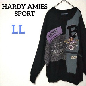 HARDY AMIES SPORT ハーディエイミススポーツ 異素材ドッキングニットセーター ブルドッグ ビートルズ 犬 ドラム パッチワーク ワッペン