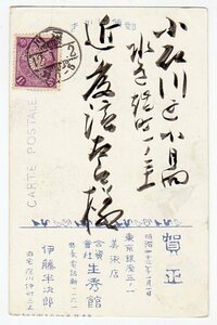 Art hand Auction Tarjeta de Año Nuevo con crisantemo 1, 5 sen postal morada Shoshukan Hanjiro Ito Fukagawa 42.1.2, Japón, Sello ordinario, Sello de crisantemo