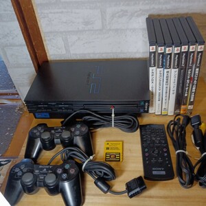 ◆すぐに遊べます◆☆PS2本体（SCPH-15000）・コントローラ2台・ソフト7枚・リモコン（受信機無し）・阪神タイガースPS2用メモリーカード