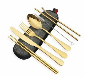 [Gold]8 piece, made of stainless steel. to label supplies set, camp spoon Fork, chopsticks . straw attaching, portable cutlery set 