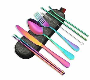 [Rainbow]8 piece, made of stainless steel. to label supplies set, camp spoon Fork, chopsticks . straw attaching, portable cutlery set 