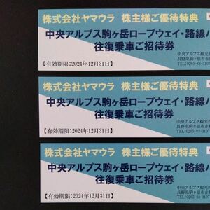 有効期限2024年12月31日 駒ヶ根ロープウェイ&路線バス 往復乗車ご招待券 3枚セット ヤマウラ 株主優待