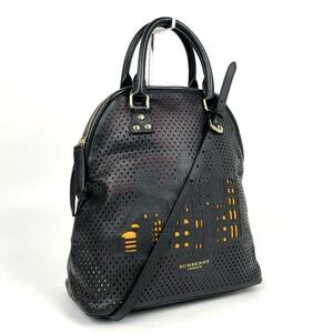 極美品■BURBERRY バーバリー PRORSUM プローサム ハンドバッグ 2way ショルダーバッグ カットワーク シティ レザー ブラック パンチング