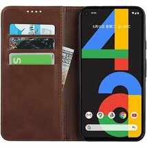 google pixel 4a 4g ケース 手帳型 カードスロット、キックスタンド レザー ダークブラウン 687_画像3