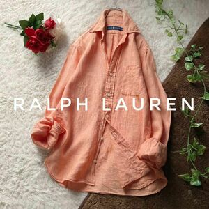 ポロラルフローレン　リネン100%　長袖BDシャツ　オレンジ　ユニセックス◎　レディースL相当　POLO RALPH LAUREN