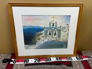 【真作】乃村豊和作「エーゲ海の夕陽」　検:絵画　風景画　ヨーロッパ　地中海　ギリシャ　ベル　海岸線　サイン入り　額縁　額装