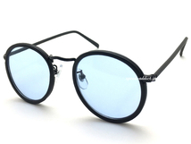 CLASSIC ROUND SUNGLASS 艶消しBLACK × LIGHT BLUE/ラウンド型サングラス黒ぶちマットブラックカラーレンズ青ブルー涼しげメタルフレーム_画像1