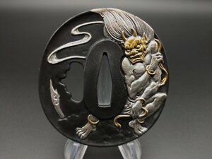 AFA06　刀鍔　雷神の図　銅製　透かし　絵金銀　日本刀装具　刀の鍔　刀剣美術　武道具　ツバ
