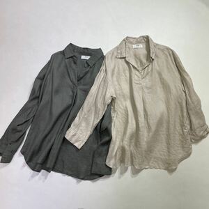 281 UNIQLO ユニクロ プレミアムリネン スキッパー シャツ 長袖 2枚セット サイズL 麻 薄地 春夏 レディース 40426W