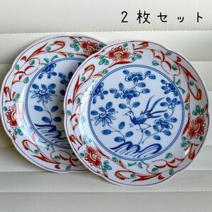 たち吉　赤絵花鳥　中皿　２枚セット　染付　輪花皿　和食器　色絵　古伊万里　和食器