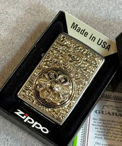 ■新品 ZIPPO USA輸入 回転式 六字真言 ゴールド チベット 梵字 和柄 金 和彫り メタル 貼り ライター ジッポー 喫煙具 U19