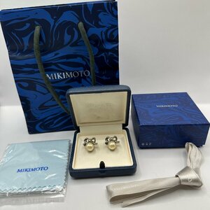 q569　MIKIMOTO　ミキモト真珠島　真珠ピアス　ポストK10? K18? 刻印あり　リボンモチーフ　アクセサリー