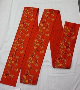 ｍ5197 正絹半幅帯　オレンジ色　童子文様　巾約15cm　長さ約364cm