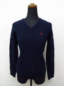 t3607　ラルフローレン　レディース　ニット　セーター　Vネック　ウール　毛100％　ぴったり細身　サイズM　ネイビー　RALPH LAUREN