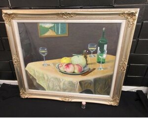 7935 巨大な額入り油彩画　静物画　サインあり　A.YAMAMOTO ? 　テーブルの上のフルーツとお酒　約89×77cm　絵画　美術品　インテリア