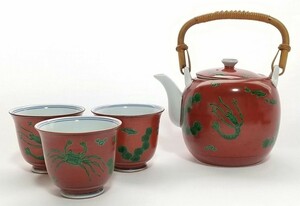 長期保管品/ たち吉 魚藻紋 茶器 セット 急須 湯のみ セット 赤