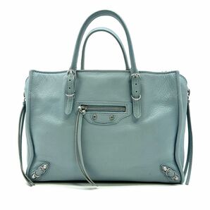 美品 希少色 BALENCIAGA バレンシアガ ザペーパーミニ トート 2way ハンドバッグ ショルダー レザー 斜め掛け スカイブルー 水色 青系 の画像2