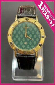 【6AT明03039E】★1円スタート★腕時計★wristwatch★GUCCI★グッチ★3000M★レディース★クウォーツ★グリーン文字盤★黒レザーベルト