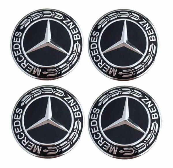 メルセデスベンツ ホイールセンターキャップ ハブキャップ　75mm 4個セット 黒 ブラック　BENZ