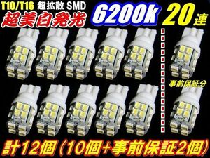 【全国送料無料】◆お得税込12個セットT10/T16超純白LED20連SMD10個+事前保証２個