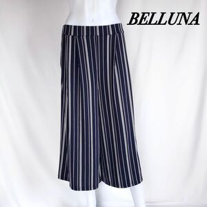 【BELLUNA】ストレッチ素材ストライプガウチョパンツ　ワイド　大きいサイズ　ウエストゴム