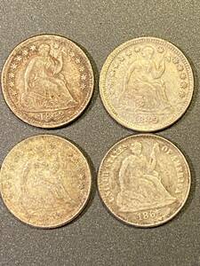 アメリカ旧貨幣　ハーフダイム　HALF DIME シーテッドリバティ4枚　1842年　1849年　1855年　1885年　おまとめ　身辺整理