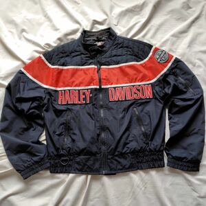 米国製 90s メンズM HARLEY DAVIDSON ヴィンテージレーシングジャケット ナイロン ブラック 黒 ブルゾン ライダース 80