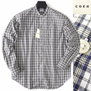 新品 UNITED ARROWS コーエン チェック柄 バンドカラー シャツ M 白黄 【I40035】 coen メンズ 長袖 ブロード コットン オールシーズンの画像1