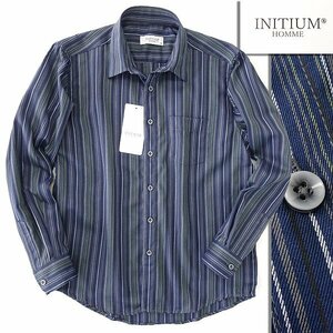 新品 イニシウムオム マルチストライプ レギュラーカラー ツイル シャツ L 紺 【I59745】 INITIUM HOMME メンズ 長袖 コットン