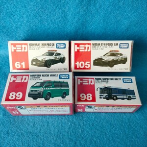 【未開封・4個セット】トミカ 61 89 98 105 日産 フェアレディ パトロールカー 山岳救助車 大型人員輸送車 GT-R パトカー まとめ売り