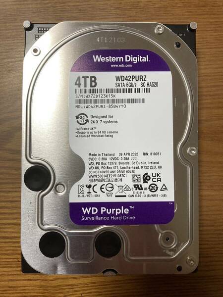 【静穏性◎】Western Digital WD Purple WD42PURZ 3.5インチHDD 4TB（監視システム・各種ビデオ用途に最適なHDD/使用時間：500時間未満）