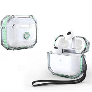 AirPods 3用 ハードケース 透明 ワイヤレス充電対応 ストラップ付き グリーン
