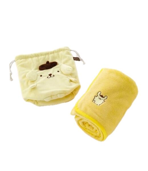 新品 サンリオ ポムポムプリン マスコット巾着付きブランケット ふわふわ ひざ掛け かわいい 約H70×W100cm