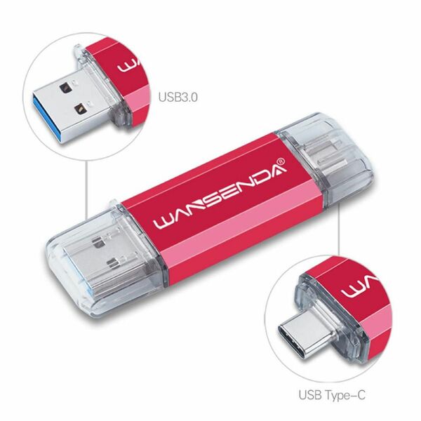 Wansenda Type-C USBメモリ スマートフォン パソコン Type-C USB + USB (128GB, レッド)