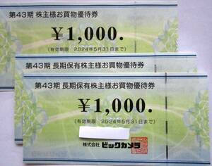 ビックカメラ株主優待券1000円券×3枚　有効期限2024/5/31迄