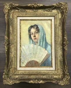 0418-06◆希少 額装 油絵 絵画 B.Prins 扇子を持つ少女 肖像画 青いドレス アンティーク 額サイズ約47×38cm 