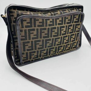 1円【極美品】FENDI フェンディ ショルダーバッグ ズッカ柄 キャンバス レザー ブラウン 肩掛け 前ポケット