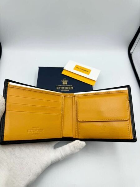 極美品　エッティンガー　二つ折り財布　ブラック　イエロー　ブライドルレザー　小銭入れ付き　メンズ　カードケース　コインケース
